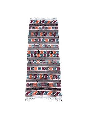 Vintage Moroccan Flatweave Striped Cotton Mexican Table Runner Rug Tassels 86x31